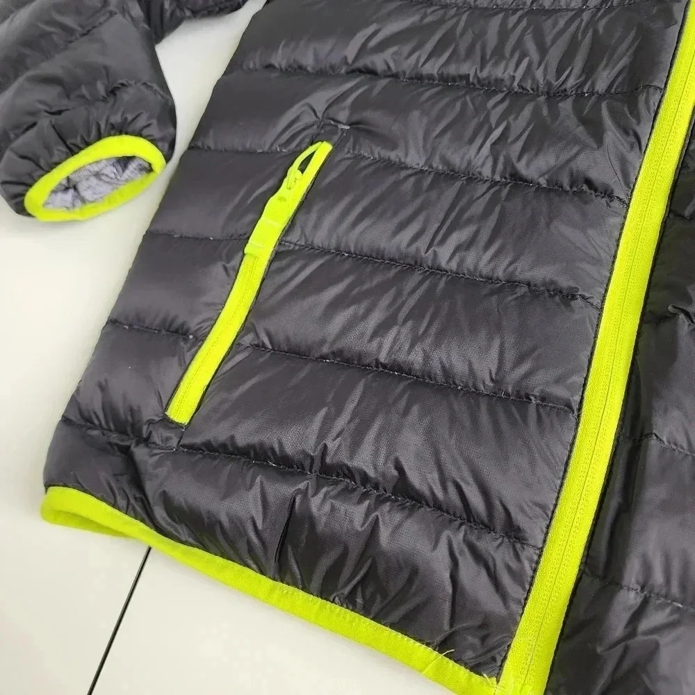 Eddie Bauer Reversible Jacket Boys Black Gray Green Puffer Hooded Down L (14)